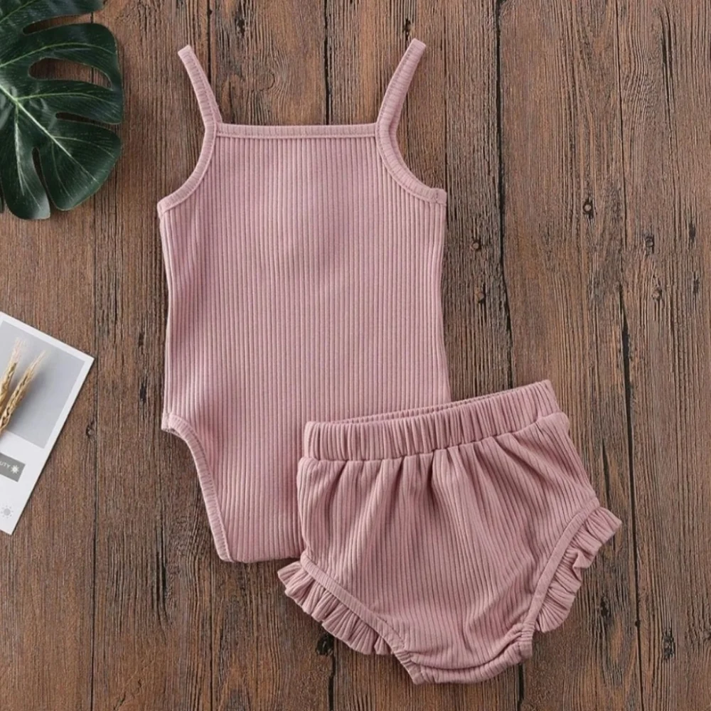 Baby Girl Ribbed Two-Piece Set Dusty Pink Bodysuit & Ruffle Bloomer Outfit 9-12M